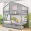 Lit superposé simple en bois en forme de maison avec tiroirs de rangement et fenêtre-689982960