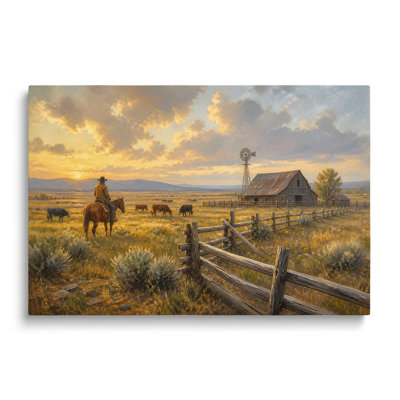 Reproduction sur toile d'une peinture de ranch de cowboys au coucher du soleil - 32 x 48 pouces