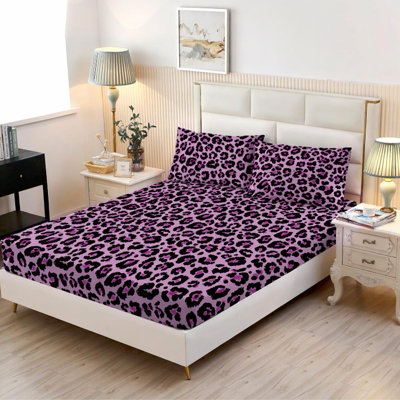 Queen Size 3-Piece Fitted Sheet Set, Lavender Pink Leopard Printed Microfiber Bedding