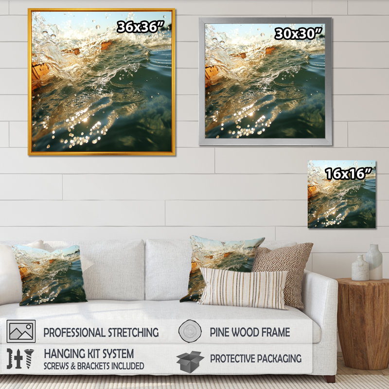 Green Sunset Waves - art mural côtier, Cadre simple argenté, H 30 po x l 30 po x P 1,5 po