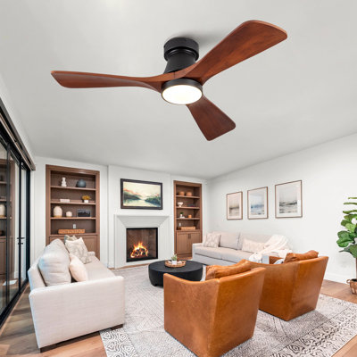 42 Inch Black Flush Mount Ceiling Fan With Light: Dimmable LED (3 Colors), Indoor/Outdoor Reversible DC Motor, 3 Solid Wood Blades For Bedroom, Patio.
