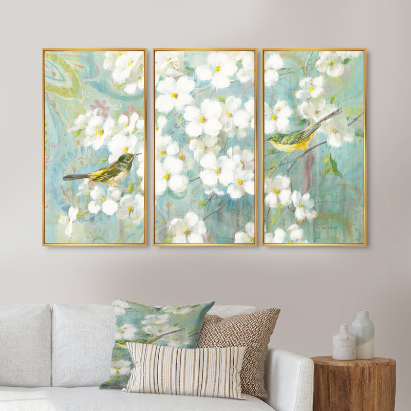 Oiseaux sur fleur - ensemble d'art mural sur toile traditionnel encadré de 3, H 28 po x l 36 po x P 1 po, Or