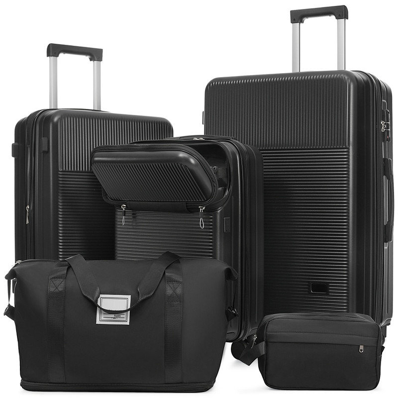 Ensemble de 5 valises semi-ouvertes à ouverture semi-rigide avec valise légère et port USB TSA, Black
