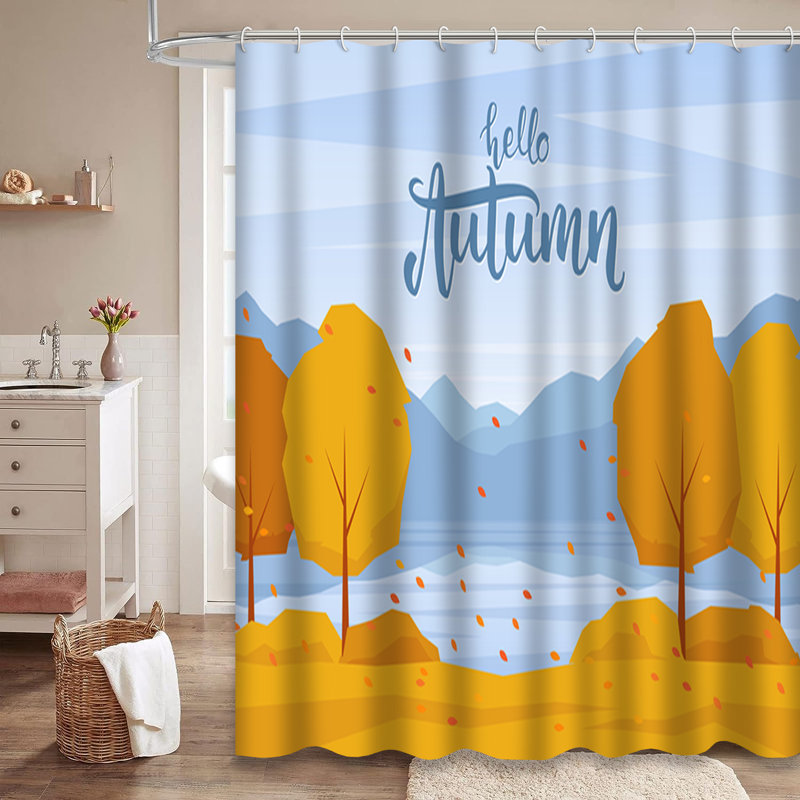 Colourful Flat Autumn Mountains Trees Shower Curtain with 12 Hooks, 72" L x 84" W