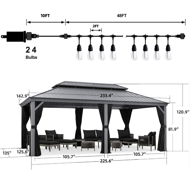20 Ft. W x 12 Ft. D Aluminium Patio Gazebo, 20 Ft.. W x 12 Ft. D