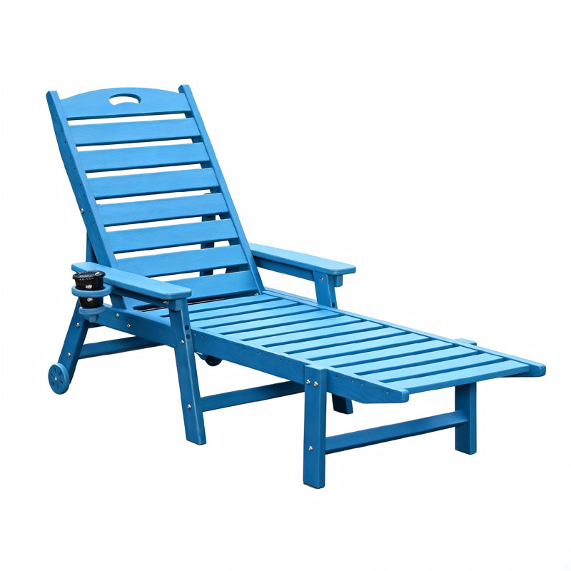 Outdoor Adjustable Backrest Acacia Wood Lounge Chair with Cushion, Navy Blue