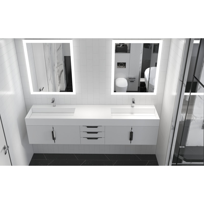 84" Amazon Double Bathroom Vanity with Top, White, White, Brushed Nickel
