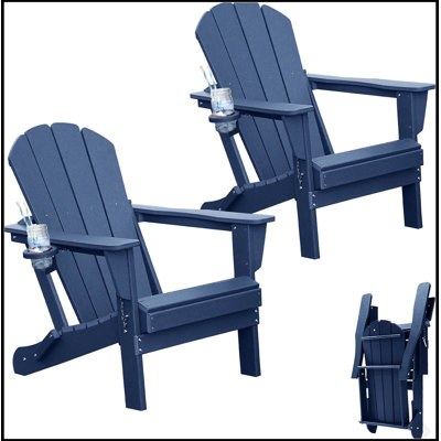 Durable HDPE Adirondack Chairs Set Of 2 With Cup Holders, Foldable For Easy Storage And Outdoor Comfort