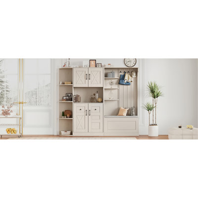 Multifunctional Left-Right Combination Hall Cabinet (Can Be Used Separately) With Storage And 4 Hooks, Storage Cabinet/ Hall Tree 2 In 1 For Living Room, Kitchen And Hallway