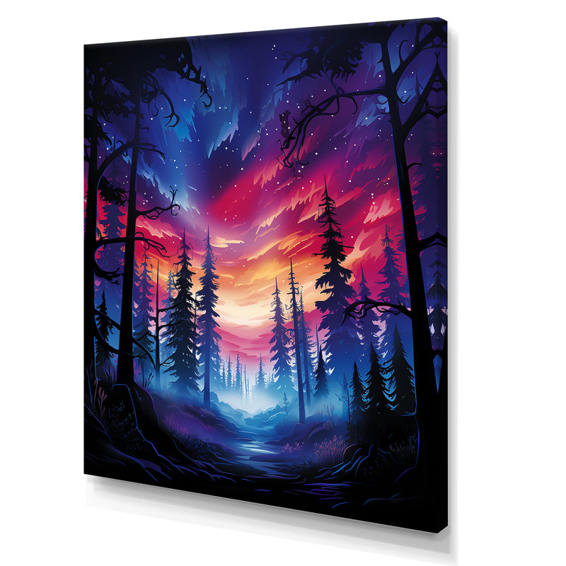 Purple and Pink Northern Light Pine Tree Forest Canvas Art