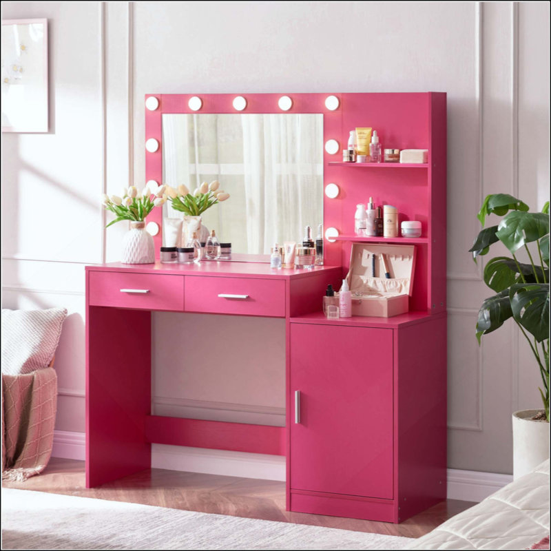 Vanity Desk With Mirror And Lights, 46.4IN Dressing Table With 2  Drawer&Large Vertical Organizer, 3 Level Dresser & 3 Lighting Modes Adjustable Brightness, Suitable For Bedroom