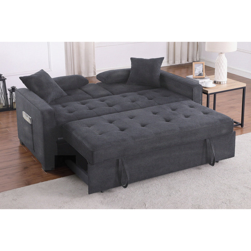 Canapé-lit convertible de 70 pouces, lin gris foncé, poche latérale, port USB-C, sièges avec coussins à ressorts ensachés pour un confort optimal, console centrale rabattable, porte-gobelets, rangement pour recevoir des invités