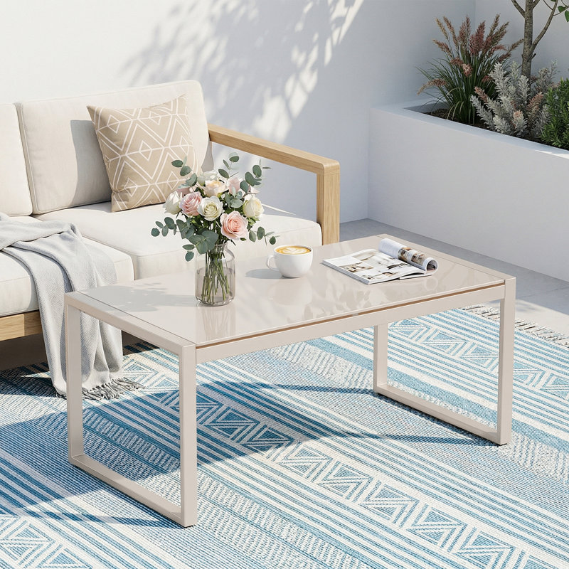 Rectangle Black Coffee Table With Tempered Glass, Beige