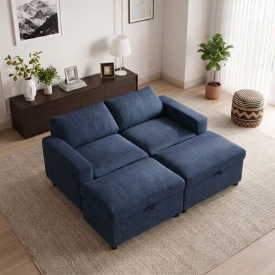 62" Oversized Chaise Lounge with Hidden Storage, Convertible Chenille Loveseat Sleeper Sofa with Ottoman, Cloud-Style Deep Seat Lounge Chair for Adults, Comfy Living Room Sofa, Blue