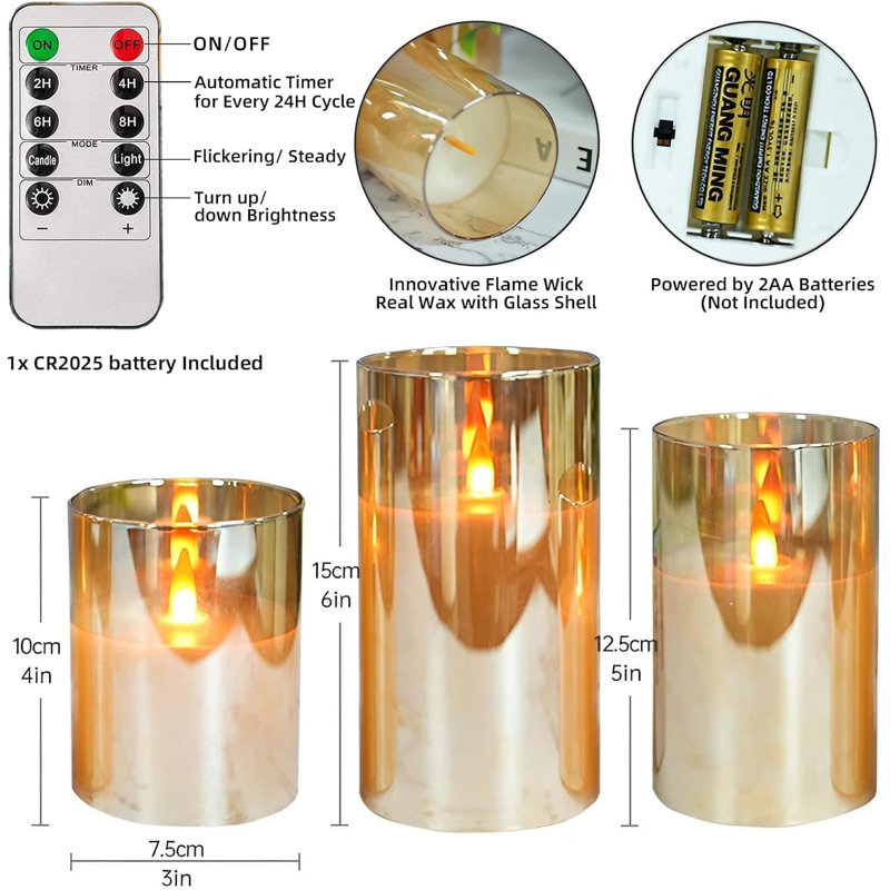 3-Pack Gold Glass Flameless LED Candles: Battery-Operated with Remote & Timer, Real Wax, Flickering Radiance, 3x4"/5"/6"