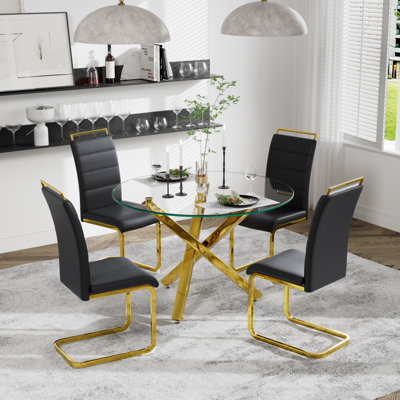 5 Piece Dining Set, Round Dining Table with Tempered Glass and 4 Upholstered Chairs