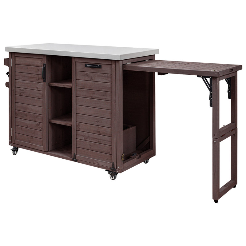 78.3" Outdoor Kitchen Island with Foldable Grill Table, Wooden Outdoor Grill Cart with Trash Can Storage & Stainless Steel Top, Outdoor Bar Cart, Pizza Oven Table for Lawn & Garden, Dark Brown