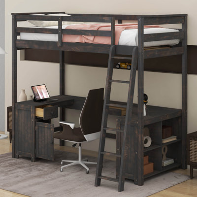 Lit mezzanine avec bureau en U, tiroirs et tablettes de rangement