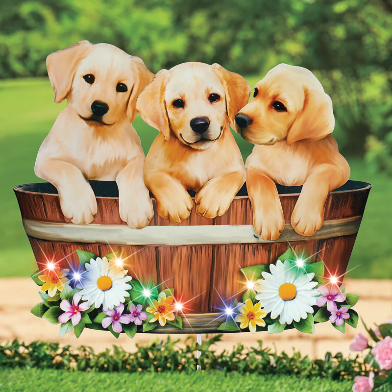 Iron Solar Powered Garden Stake with Puppies and Flowers