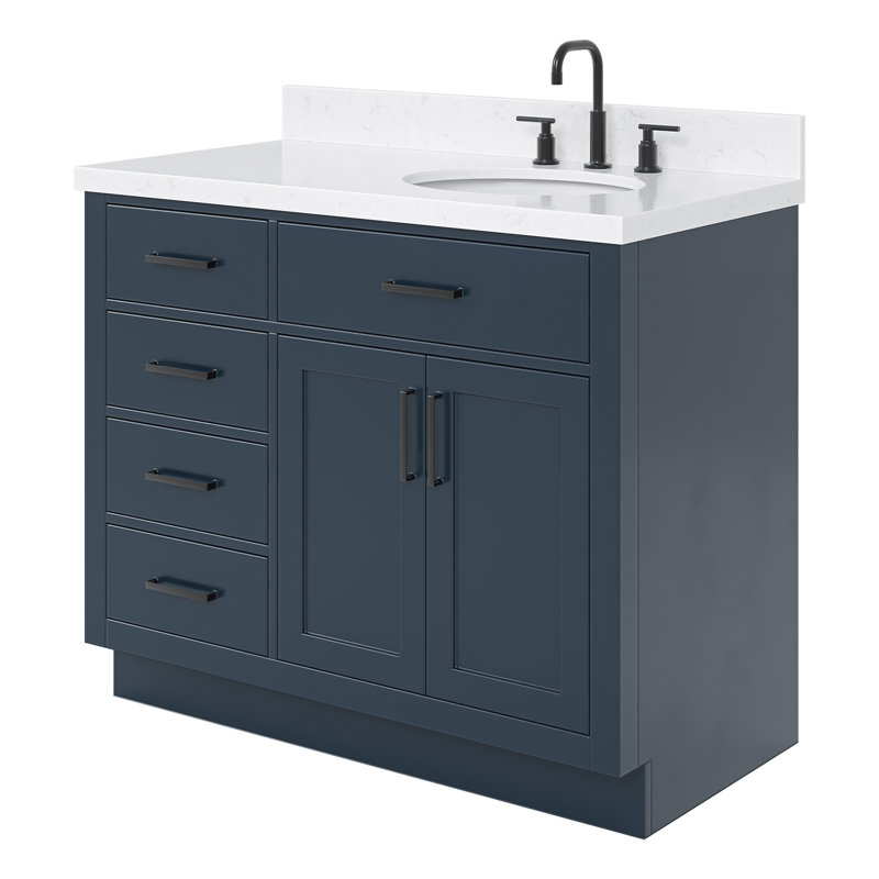 Meuble-lavabo simple en bois massif 42 po Tidworth avec plateau en quartz Carrara de 1,5 po, Bleu minuit, Ovale, Oui