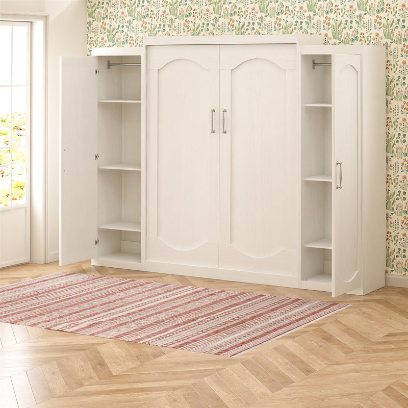 Her Majesty Murphy Bed with Storage Cabinets, White, Queen