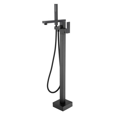 Freestanding Bathtub Faucet Matte Black – Floor Mount Tub Filler With Hand Shower, Brass Single Handle, 360° Swivel Spout, Diverter Knob, Complete Installation Hardware