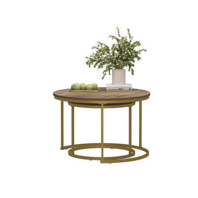 27.6in Nesting Coffee Table Set of 2, Round Coffee Table Wood Marble Pattern Top with Sturdy Metal Frame, End Table Side Tables for Living Room Bedroom Balcony Yard
