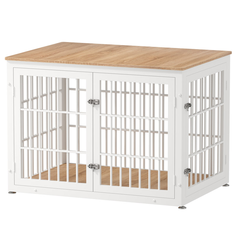 42 Inch Heavy Duty Dog Crate Furniture, Decorative Pet House End Table, Wooden Cage Kennel Furniture Indoor, White/Natural