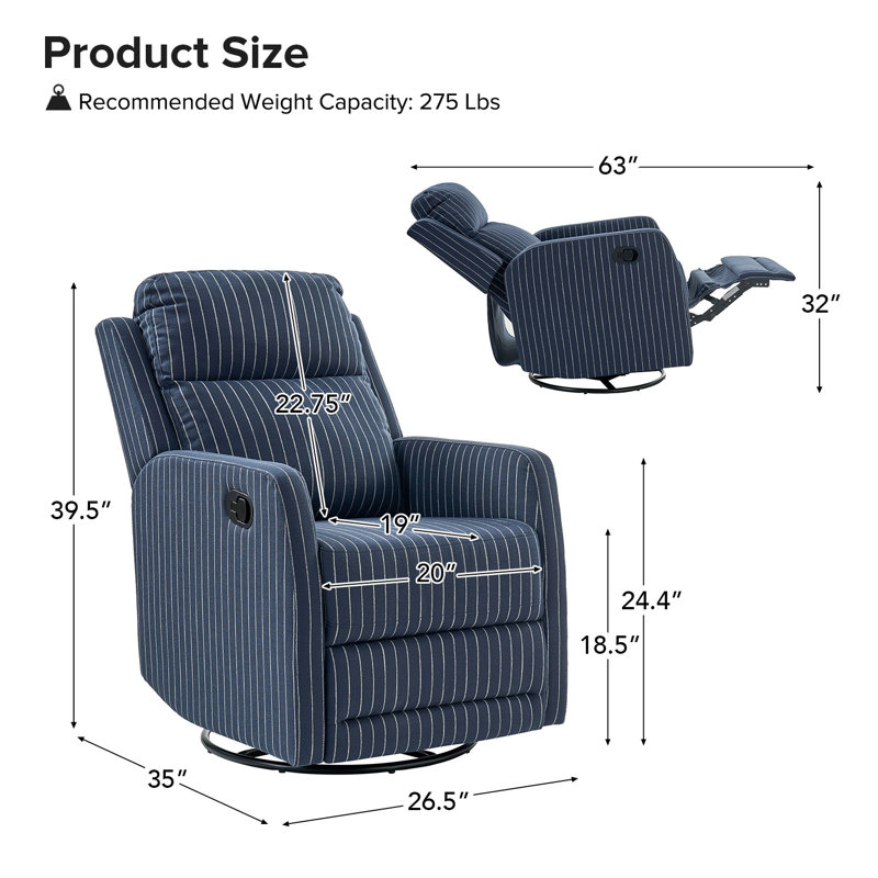 Caleya Modern Swivel Rocker Manual Recliner, Navy
