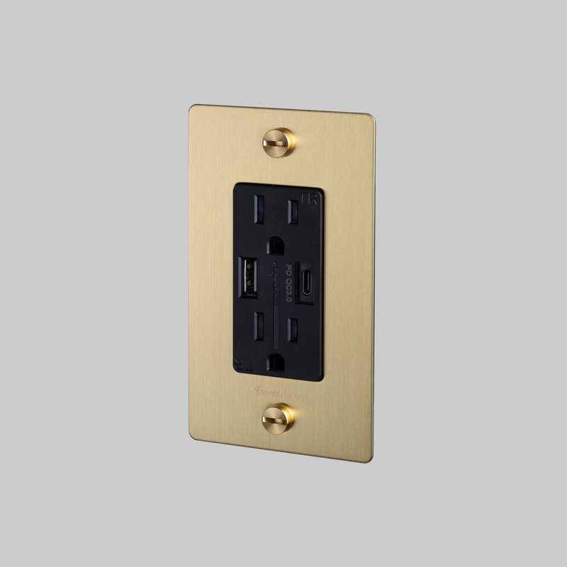 Prise de courant combinée 1G et chargeur USB-A + C / avec logo, Laiton