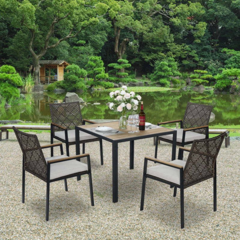 All Weather 5-Piece Patio Dining Table Sets, Patio Conversation Set Acacia Wood Table Top With Umbrella Hole, Rattan Outdoor