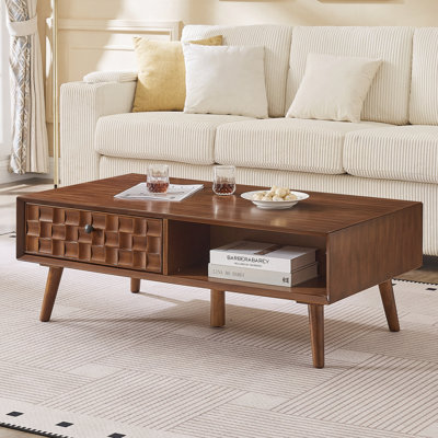 Farmhouse Wooden Coffee Table with Hidden Drawer & Open Shelf