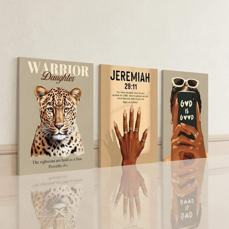 Black Woman Inspirational Wall Art Set of 3, Christian Faith Canvas Prints, Warrior Daughter Leopard Art, God Is Good Poster, Jeremiah 29:11 Scripture Decor, Modern Afro Aesthetic Wall Decor 12x16 in
