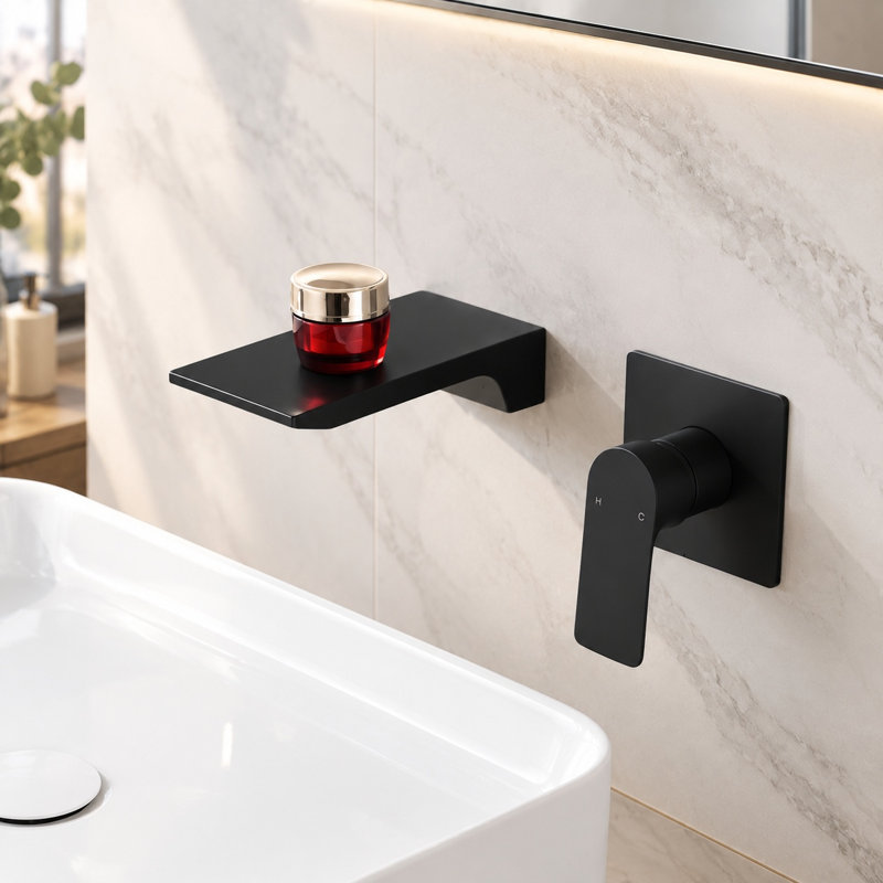 Robinet de lavabo mural noir mat avec bec en cascade et robinet d'encastrement