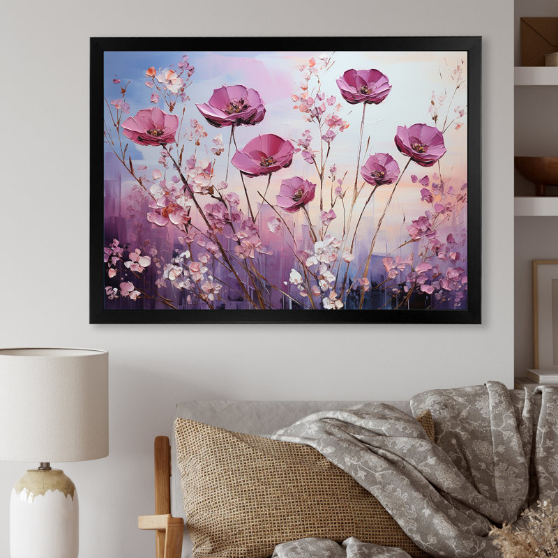«Violet Flower Meadow Harmony II», reproduction sur toile, Cadre simple noir, H 30 po x l 40 po x P 1,5 po