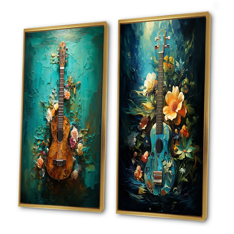 Guitare tropicale, musique euphonique - ensemble de 2 impressions sur toile, Encadrement doré, H 32 po x l 33 po