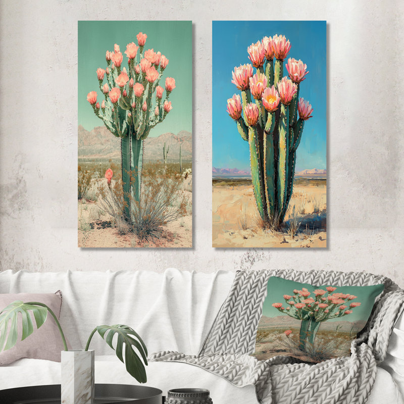Pastel Cactus Bloom In The Desert I - Collection d'art floral sur toile 2 panneaux, H 40 po x l 41 po, Toile tendue