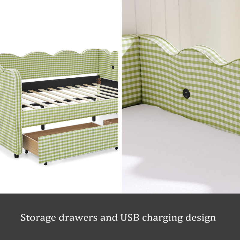 Lit de jour confortable en vichy avec deux tiroirs de rangement, avec port USB et adorable forme de vague, Grand lit, Green
