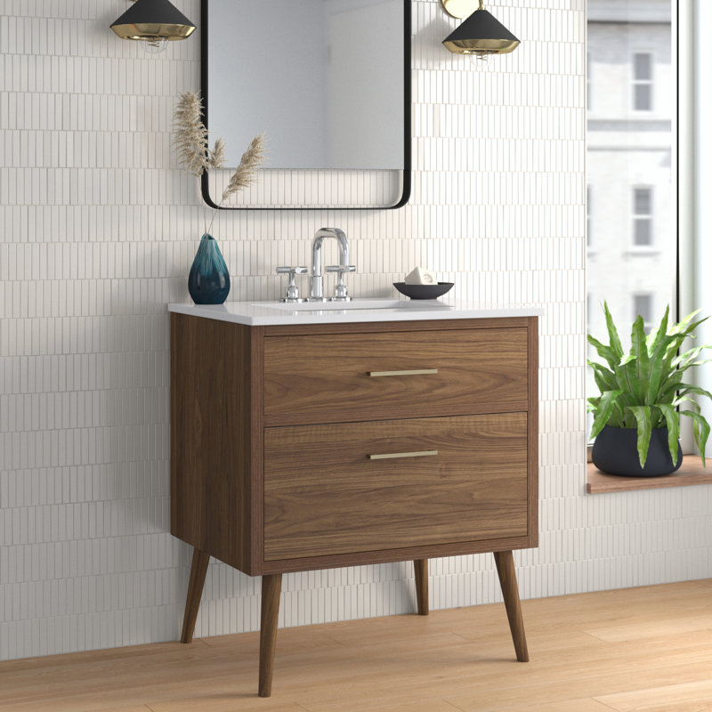 Burkley 30'' Single Bathroom Vanity with Engineered Marble Top, Natural Oak