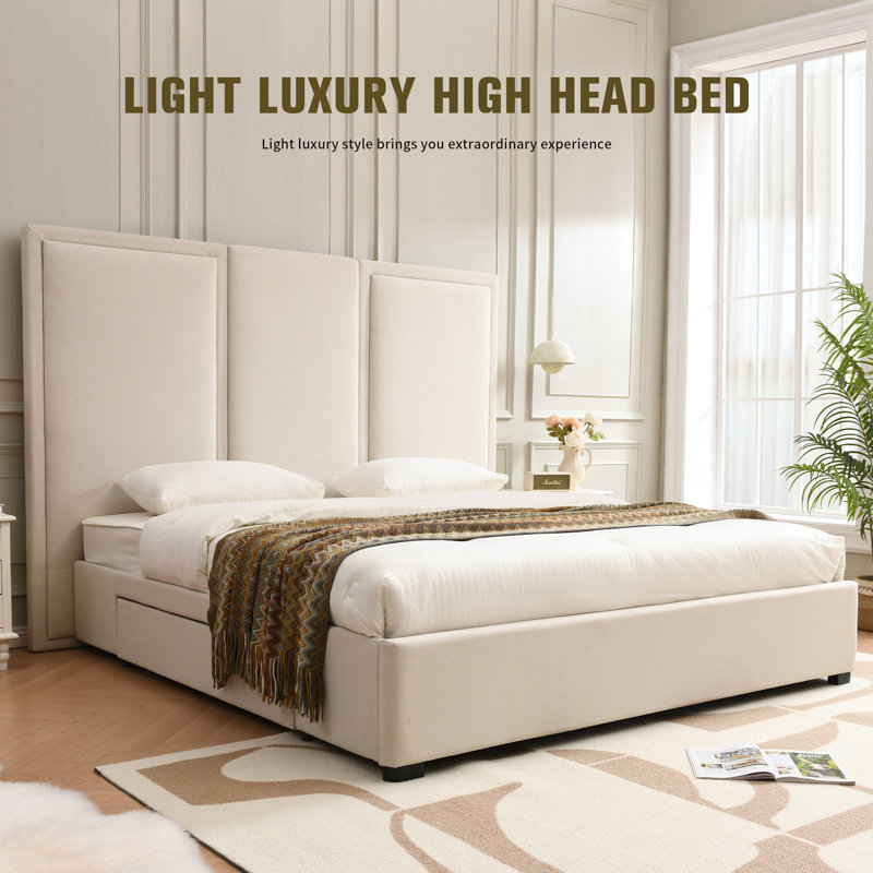 Morghen Upholstered Platform Bed With Extra High Headboard And 2 Extra Large Capacity Drawers, Beige, King