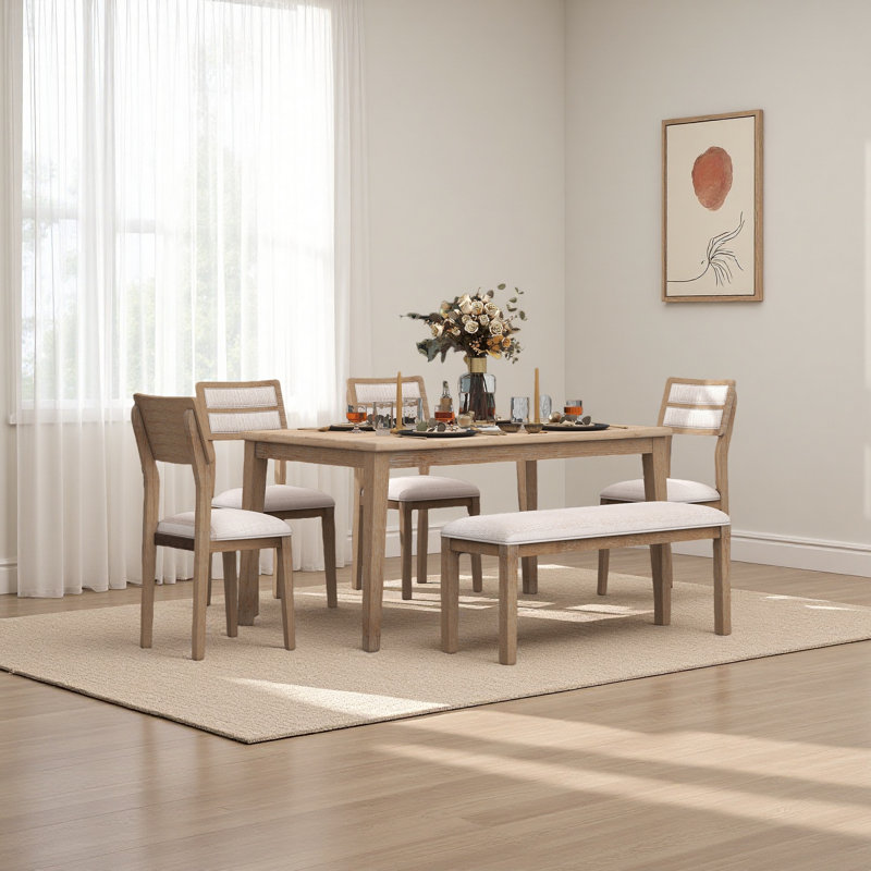 Ensemble de salle à manger 6 pièces de style classique et traditionnel, comprenant une table de salle à manger, 4 chaises rembourrées et un banc