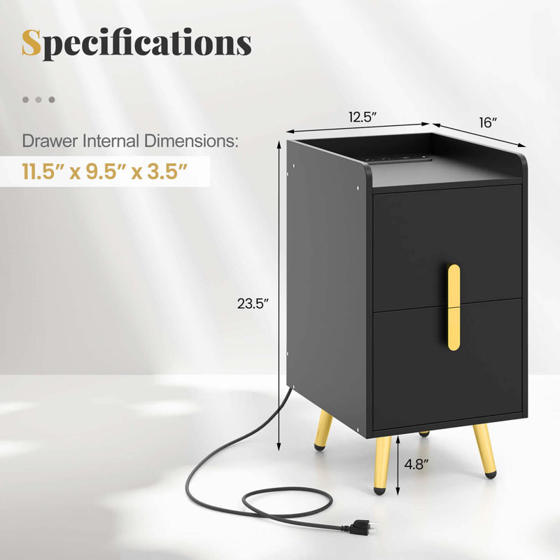 Table de chevet avec station de charge, tables de chevet avec 2 tiroirs, noir