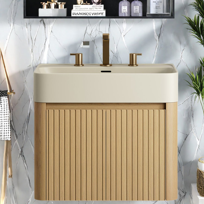 Meuble-lavabo flottant et lavabo flottant, rangement pour salle de bain grain de bois moderne de 36 pouces, 23.62