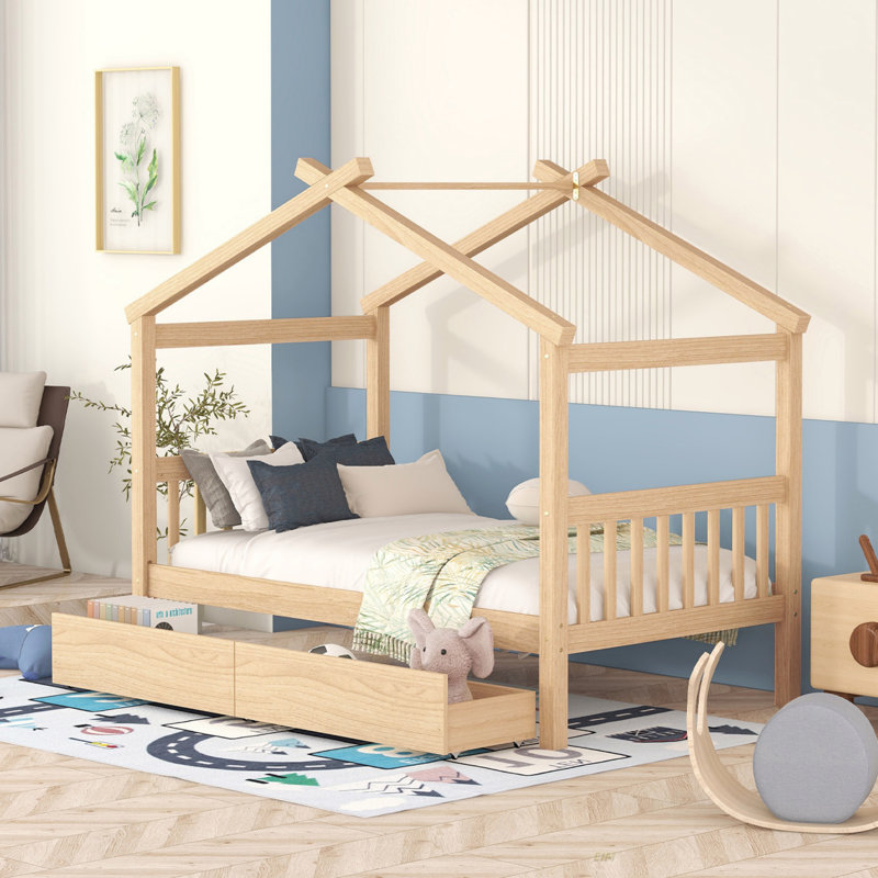 Lit simple en bois avec tiroirs (lit), Naturel