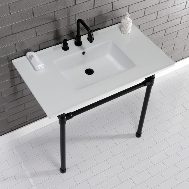 Kingston Brass Dreyfuss 37-Inch Ceramic Console Sink with Stainless Steel Legs (8-Inch, 3-Hole), White/Matte Black