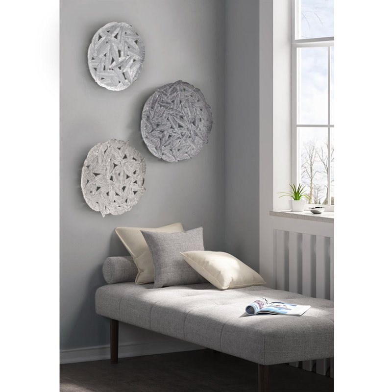 Textured Feather 3-Piece Metal Disc Wall Decor Set, Gray
