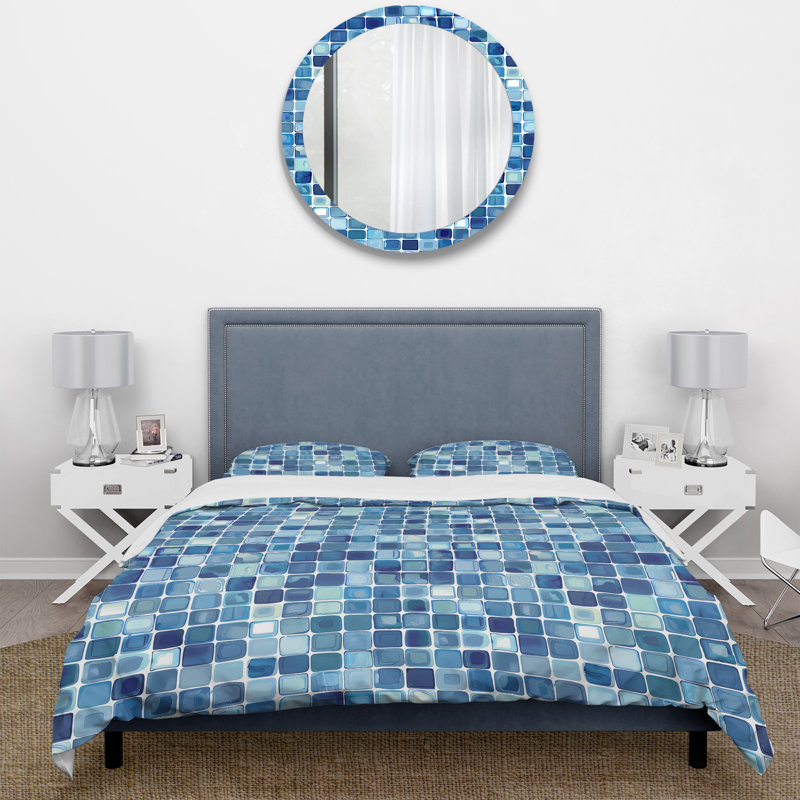 Ensemble de housse de couette bleu Midcentury Mosaic Tiles, Housse de couette pour grand lit + 2 taies décora