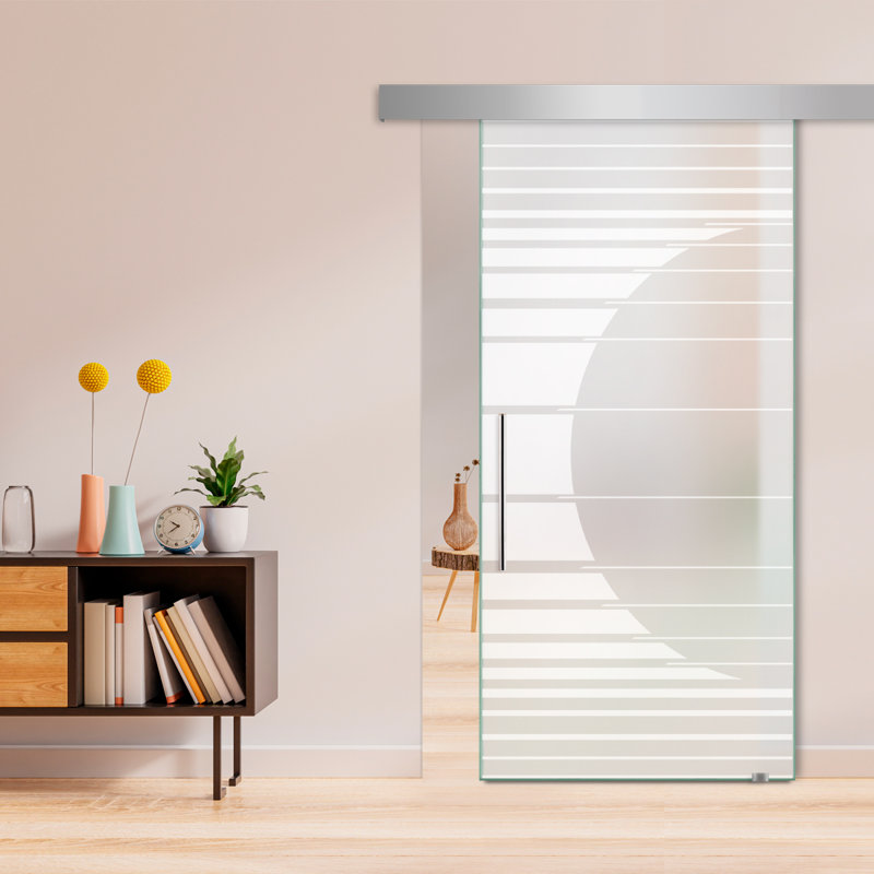 Porte de grange coulissante en verre sans cadre avec design moderne sablé + ensemble de quincaillerie (double-privée), Droite