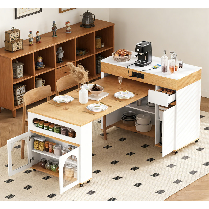 Extendable Kitchen Island with Extra-Long Folding Top, Natural