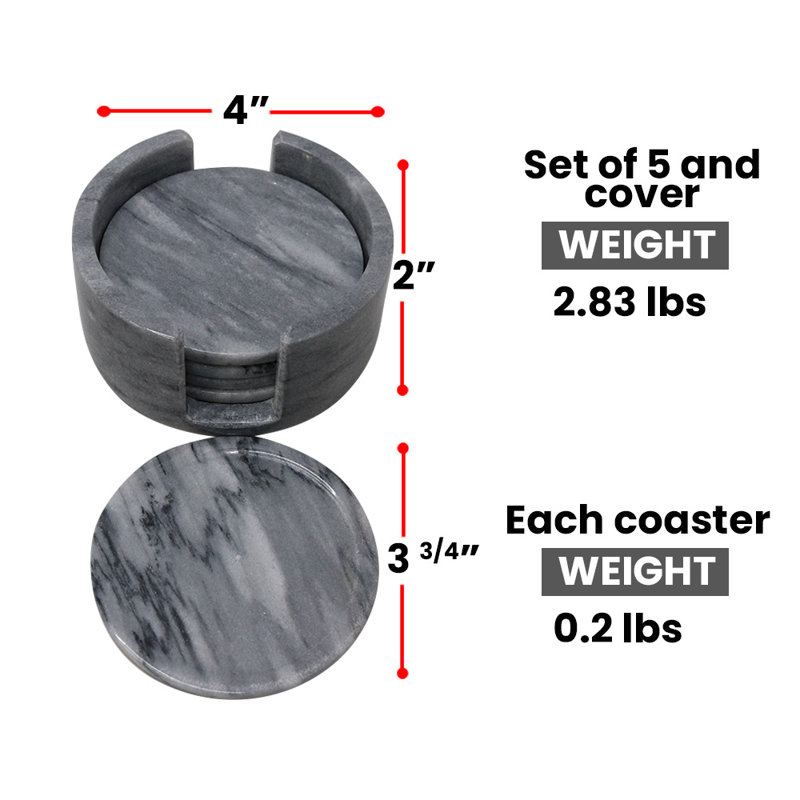 Ensemble de 5 sous-verres en marbre gris Badal avec support, sous-verres ronds 3,75 po, pierre naturelle